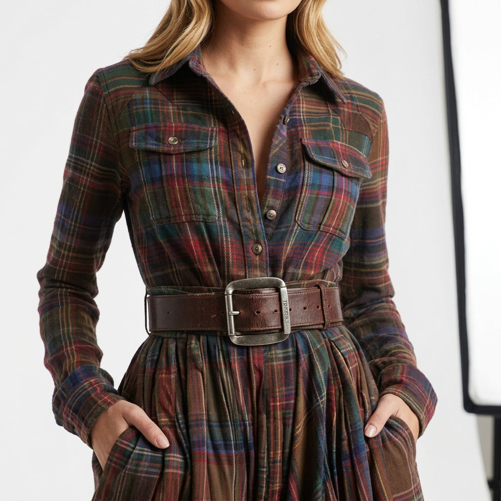 Audrey | Robe Longue Automne Femme Vintage Carreaux Manches Longues