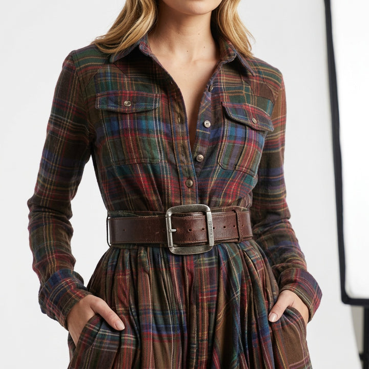 Audrey | Robe Longue Automne Femme Vintage Carreaux Manches Longues