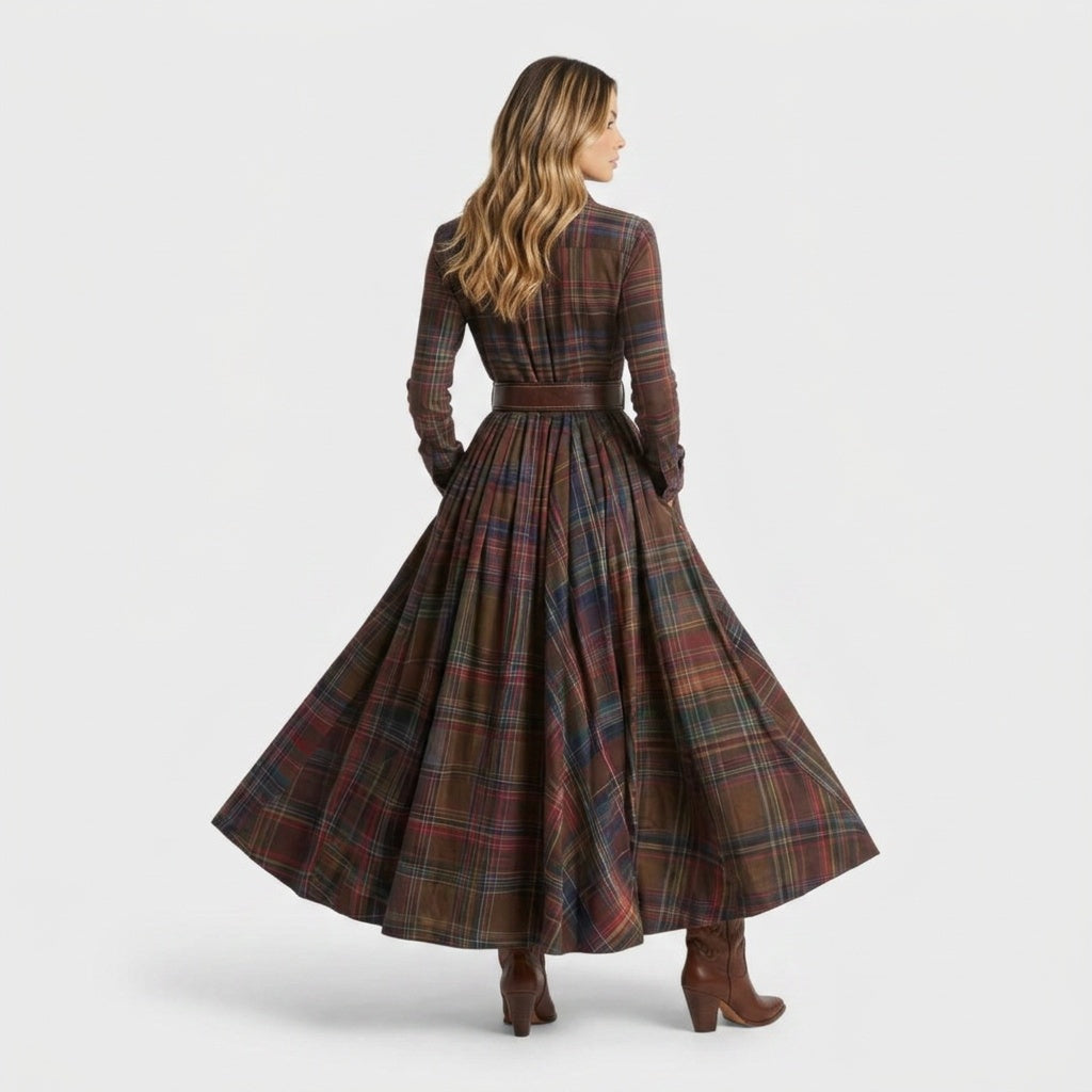 Audrey | Robe Longue Automne Femme Vintage Carreaux Manches Longues