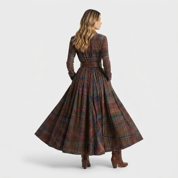 Audrey | Robe Longue Automne Femme Vintage Carreaux Manches Longues