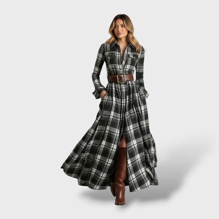 Audrey | Robe Longue Automne Femme Vintage Carreaux Manches Longues