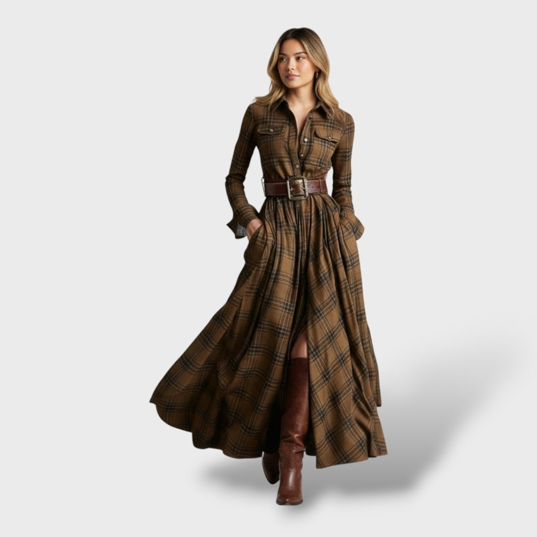 Audrey | Robe Longue Automne Femme Vintage Carreaux Manches Longues