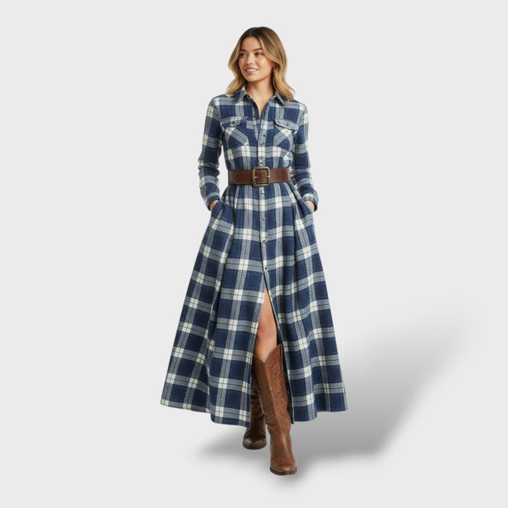 Audrey | Robe Longue Automne Femme Vintage Carreaux Manches Longues