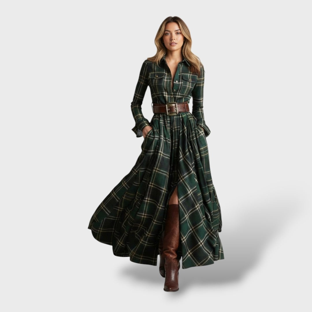 Audrey | Robe Longue Automne Femme Vintage Carreaux Manches Longues