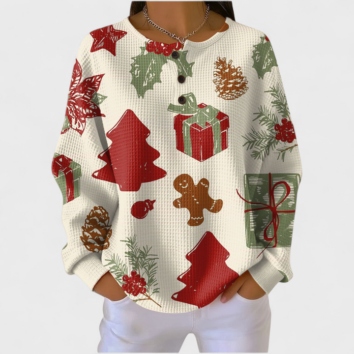 Audrey | Sweat-shirt de Noël Femme Manches Longues Imprimé Festif Waffle