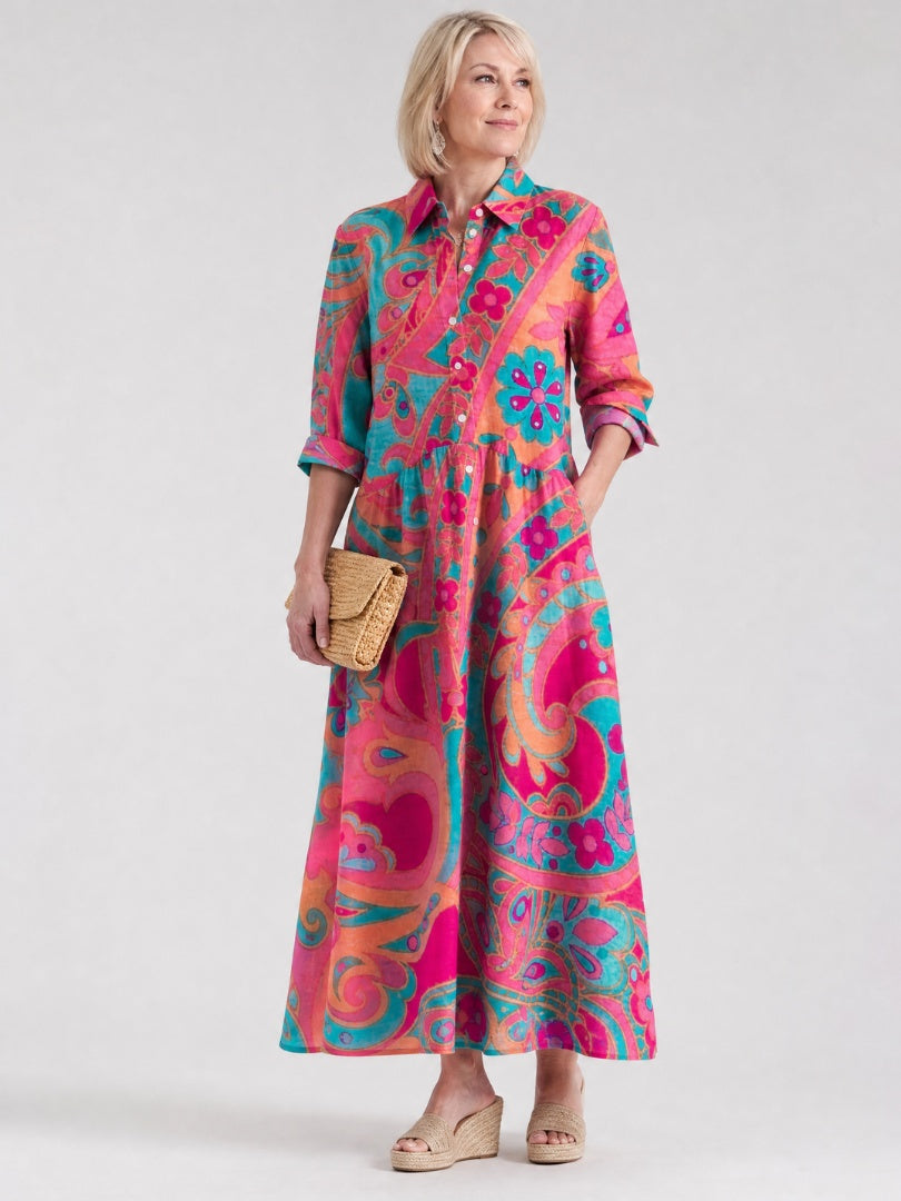 Aurélie | Robe Longue Vintage Femme Imprimé Paisley Manches Trois Quarts