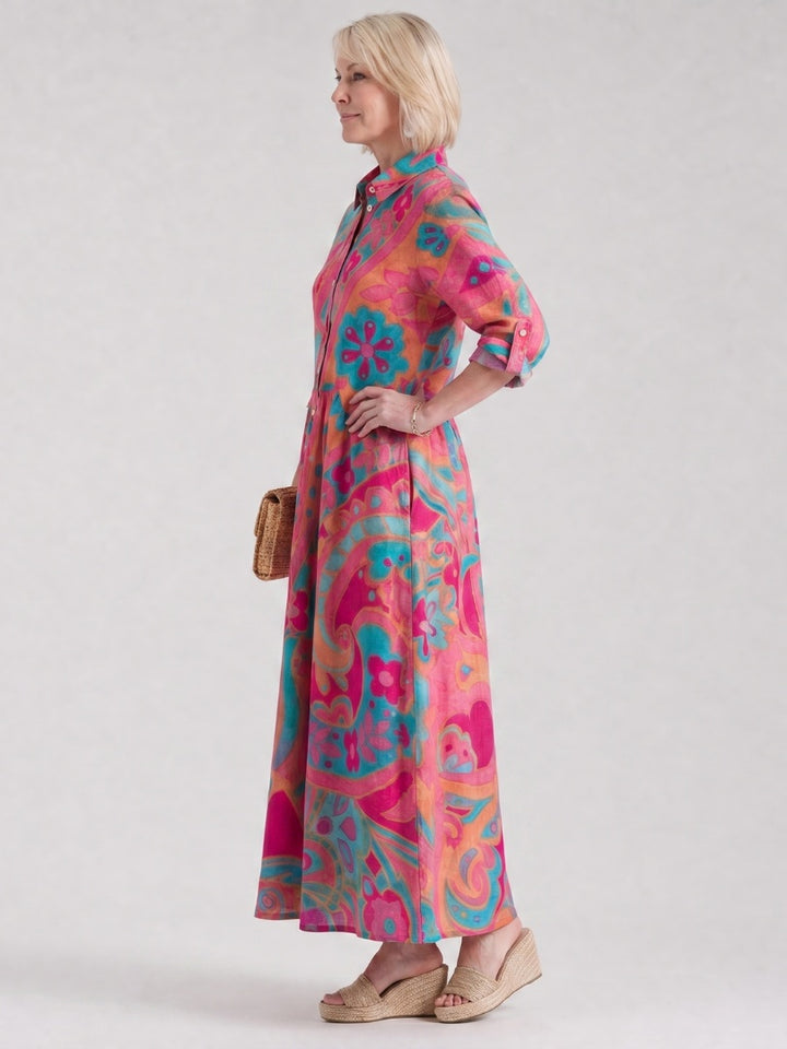 Aurélie | Robe Longue Vintage Femme Imprimé Paisley Manches Trois Quarts