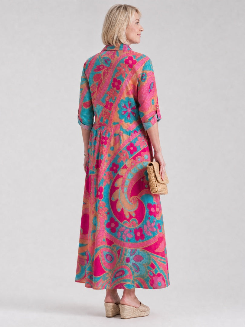 Aurélie | Robe Longue Vintage Femme Imprimé Paisley Manches Trois Quarts
