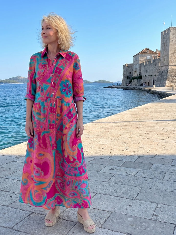 Aurélie | Robe Longue Vintage Femme Imprimé Paisley Manches Trois Quarts
