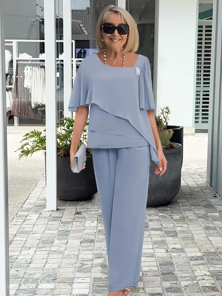 Béatrice | Ensemble Deux Pièces Pantalon Droit Femme Chiffon Cérémonie