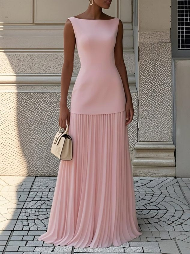 Béatrice | Robe de Soirée Mariage Longue Femme Col Bateau Jupe Plissée