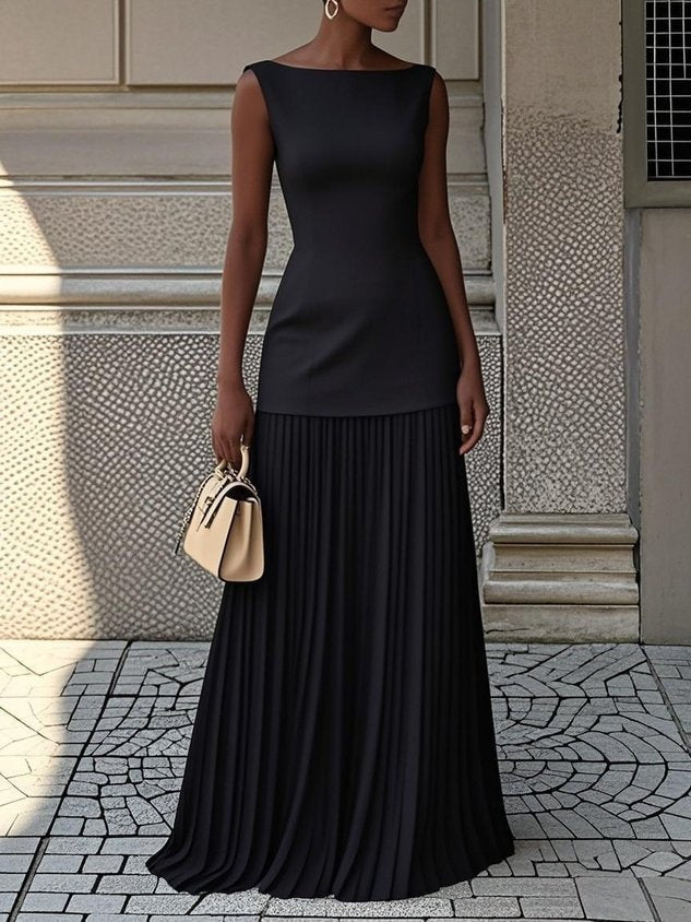 Béatrice | Robe de Soirée Mariage Longue Femme Col Bateau Jupe Plissée