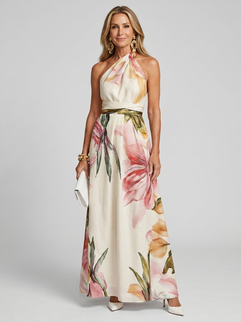 Camille | Robe de Soirée Mariage Longue Femme Col Halter Imprimé Floral