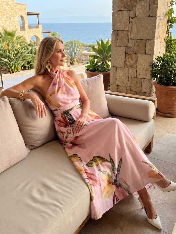 Camille | Robe de Soirée Mariage Longue Femme Col Halter Imprimé Floral