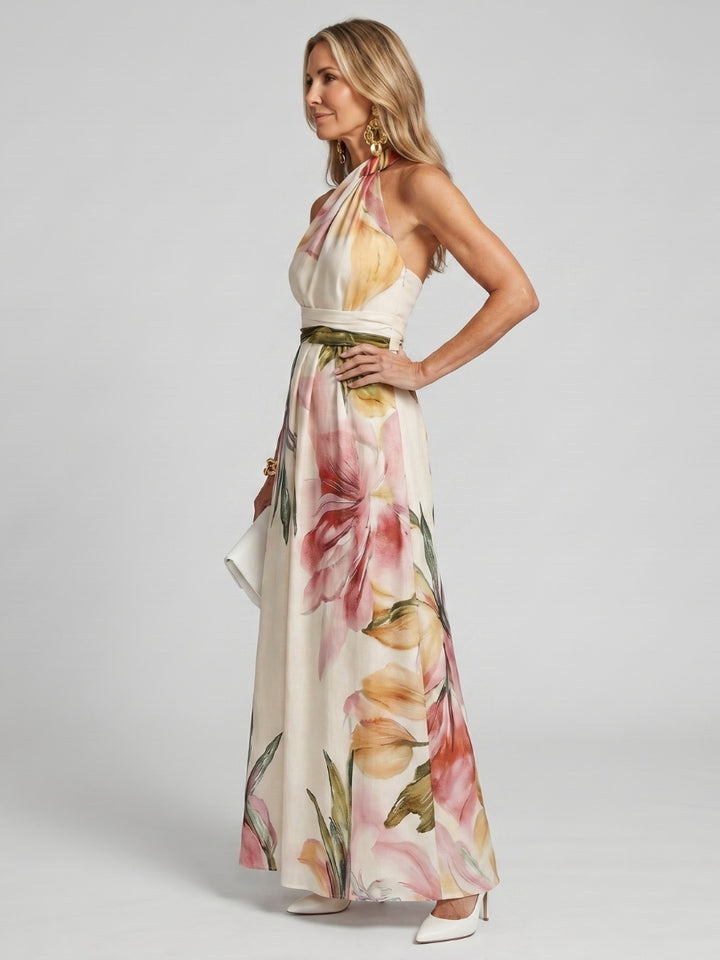 Camille | Robe de Soirée Mariage Longue Femme Col Halter Imprimé Floral
