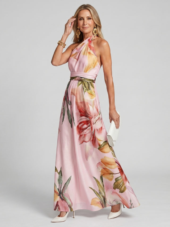 Camille | Robe de Soirée Mariage Longue Femme Col Halter Imprimé Floral