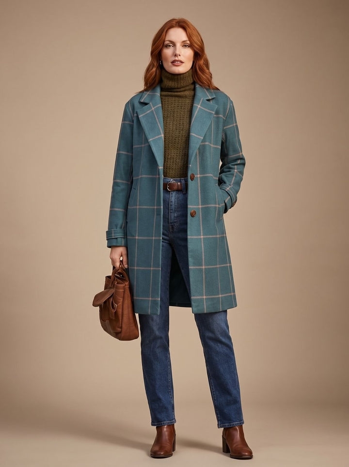 Céline | Manteau d'Hiver à Carreaux Femme Mi-Long Élégant