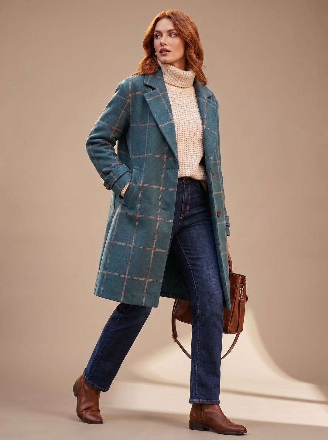 Céline | Manteau d'Hiver à Carreaux Femme Mi-Long Élégant