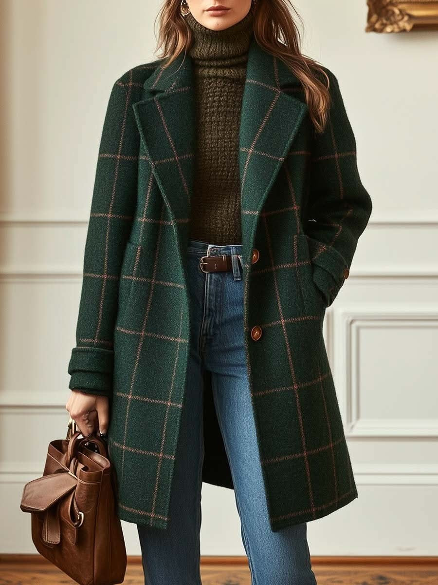 Céline | Manteau en Laine à Carreaux Femme Long Boutonnage