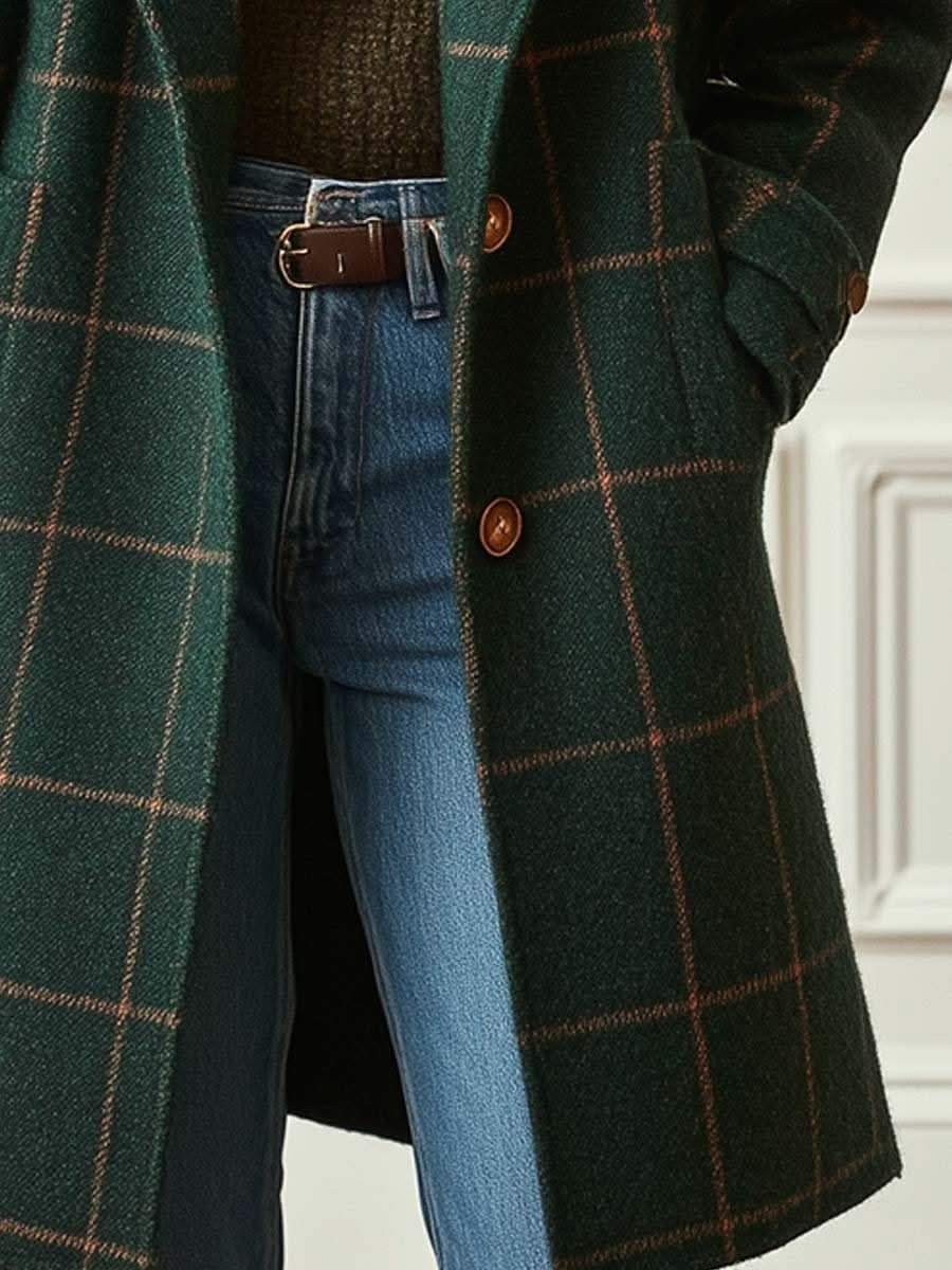 Céline | Manteau en Laine à Carreaux Femme Long Boutonnage