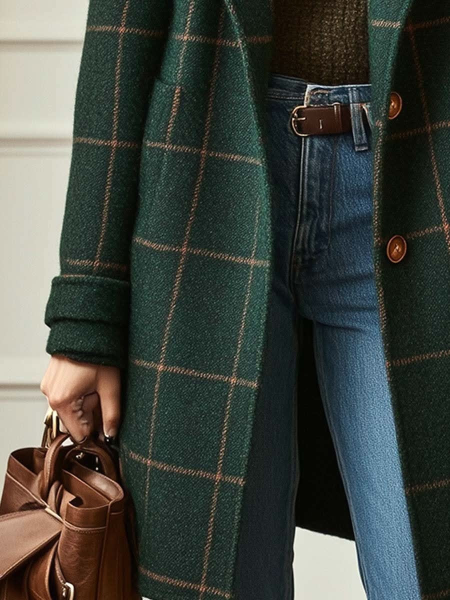 Céline | Manteau en Laine à Carreaux Femme Long Boutonnage