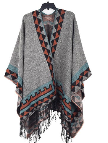 Céline | Poncho Femme Motif Ethnique Franges