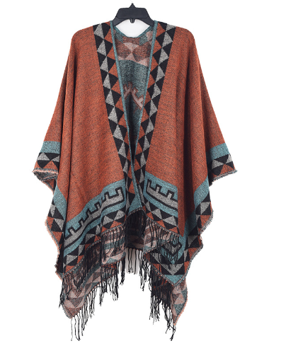 Céline | Poncho Femme Motif Ethnique Franges