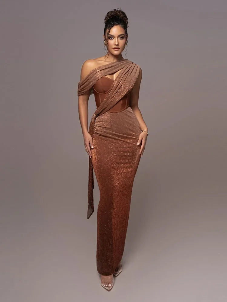 Céline | Robe Fourreau de Soirée Longue Femme Drapée Épaule Asymétrique