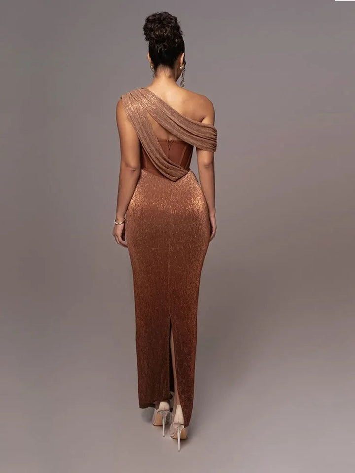 Céline | Robe Fourreau de Soirée Longue Femme Drapée Épaule Asymétrique