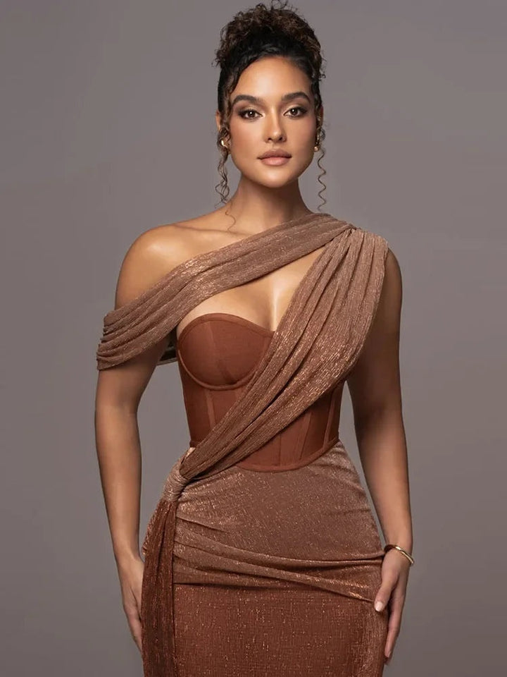 Céline | Robe Fourreau de Soirée Longue Femme Drapée Épaule Asymétrique