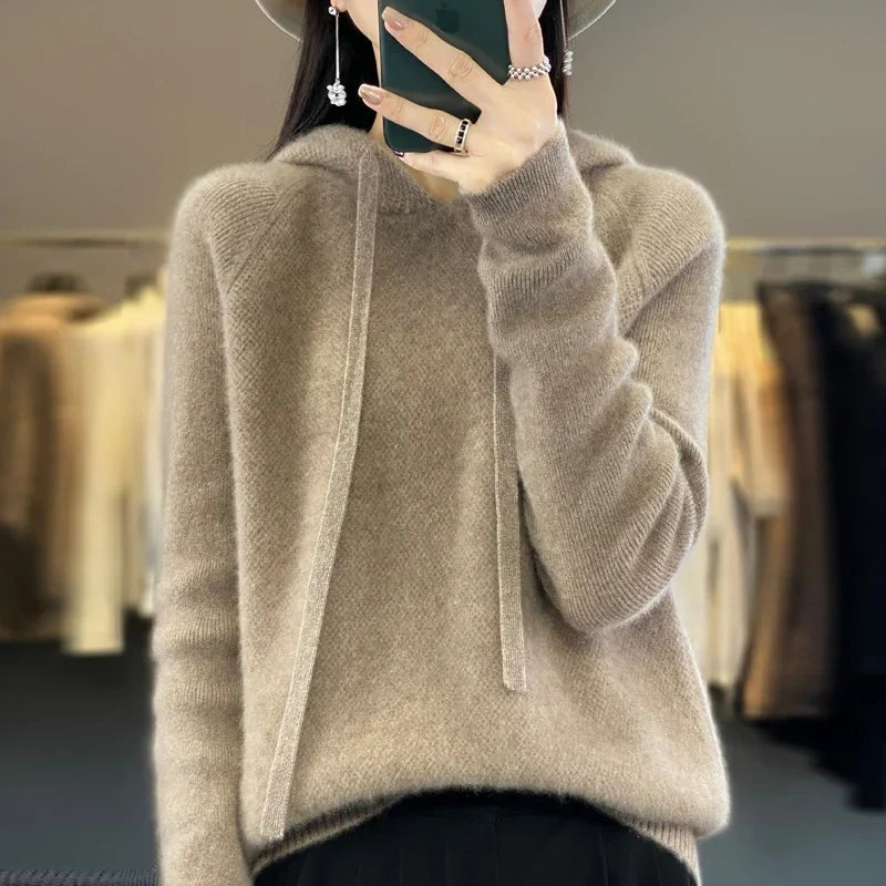 Céline | Sweat à Capuche Femme Laine Mérinos Pull Tricoté