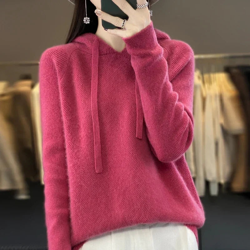 Céline | Sweat à Capuche Femme Laine Mérinos Pull Tricoté