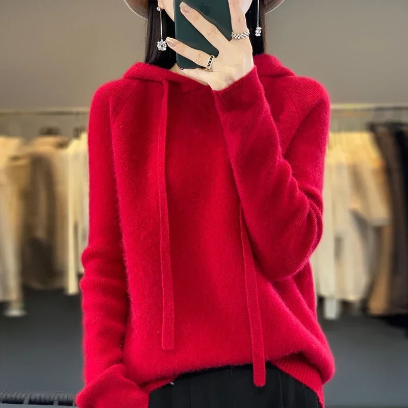 Céline | Sweat à Capuche Femme Laine Mérinos Pull Tricoté