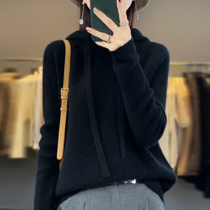 Céline | Sweat à Capuche Femme Laine Mérinos Pull Tricoté