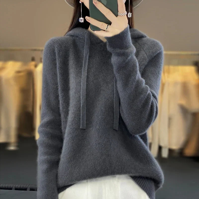 Céline | Sweat à Capuche Femme Laine Mérinos Pull Tricoté