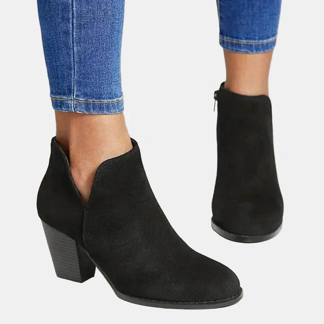 Charlotte | Boots Femme Daim Talon Bloc Fermeture Éclair Bout Rond