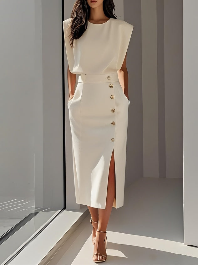 Charlotte | Robe Fourreau Midi Femme Structurée Boutons
