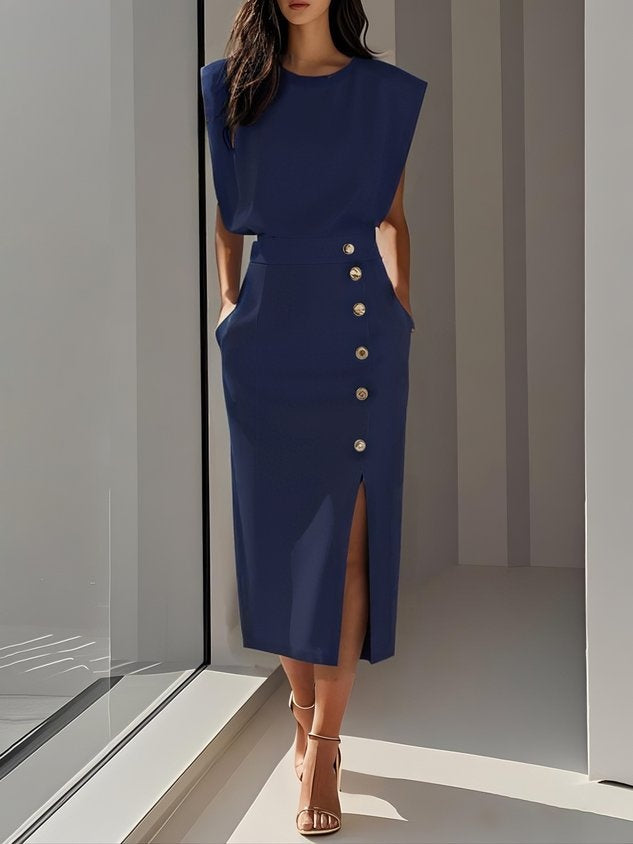 Charlotte | Robe Fourreau Midi Femme Structurée Boutons