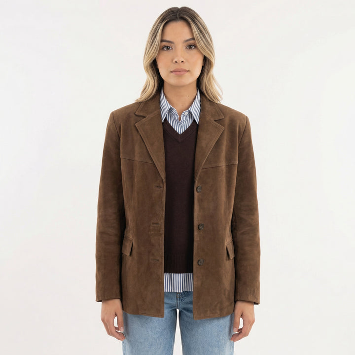 Clémence | Manteau en Daim Court Femme Col Cranté Boutonnage