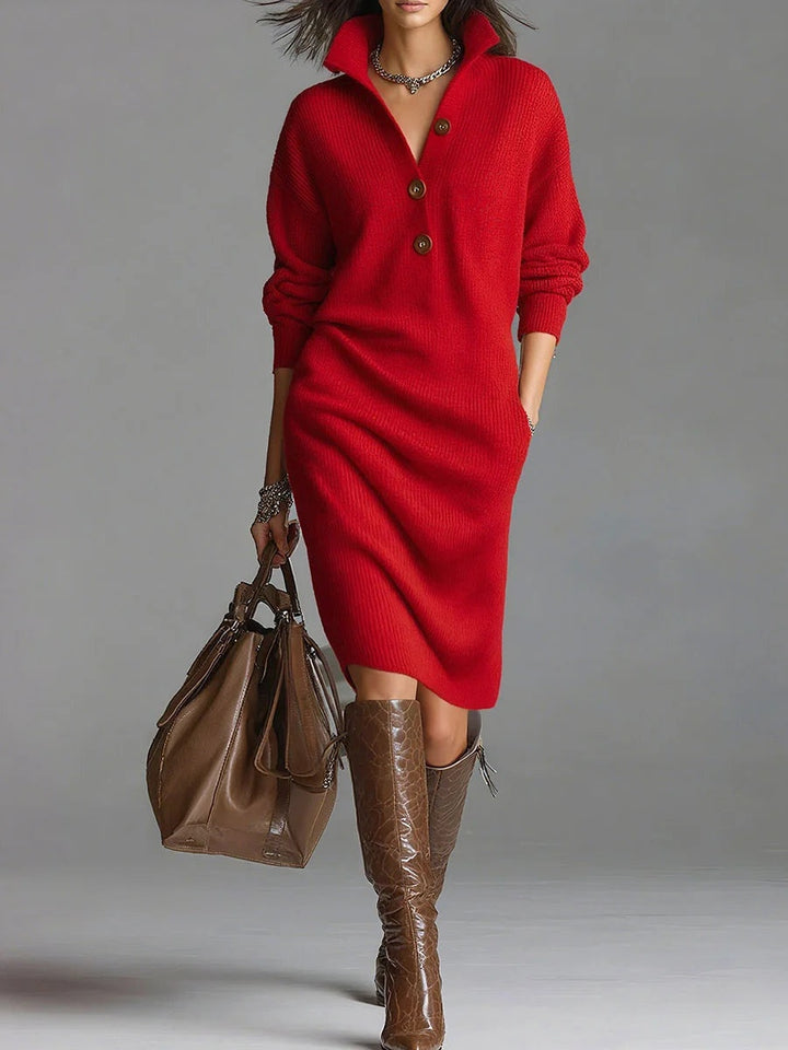 Clémence | Robe Pull Femme Midi Col Boutonné Maille Côtelée