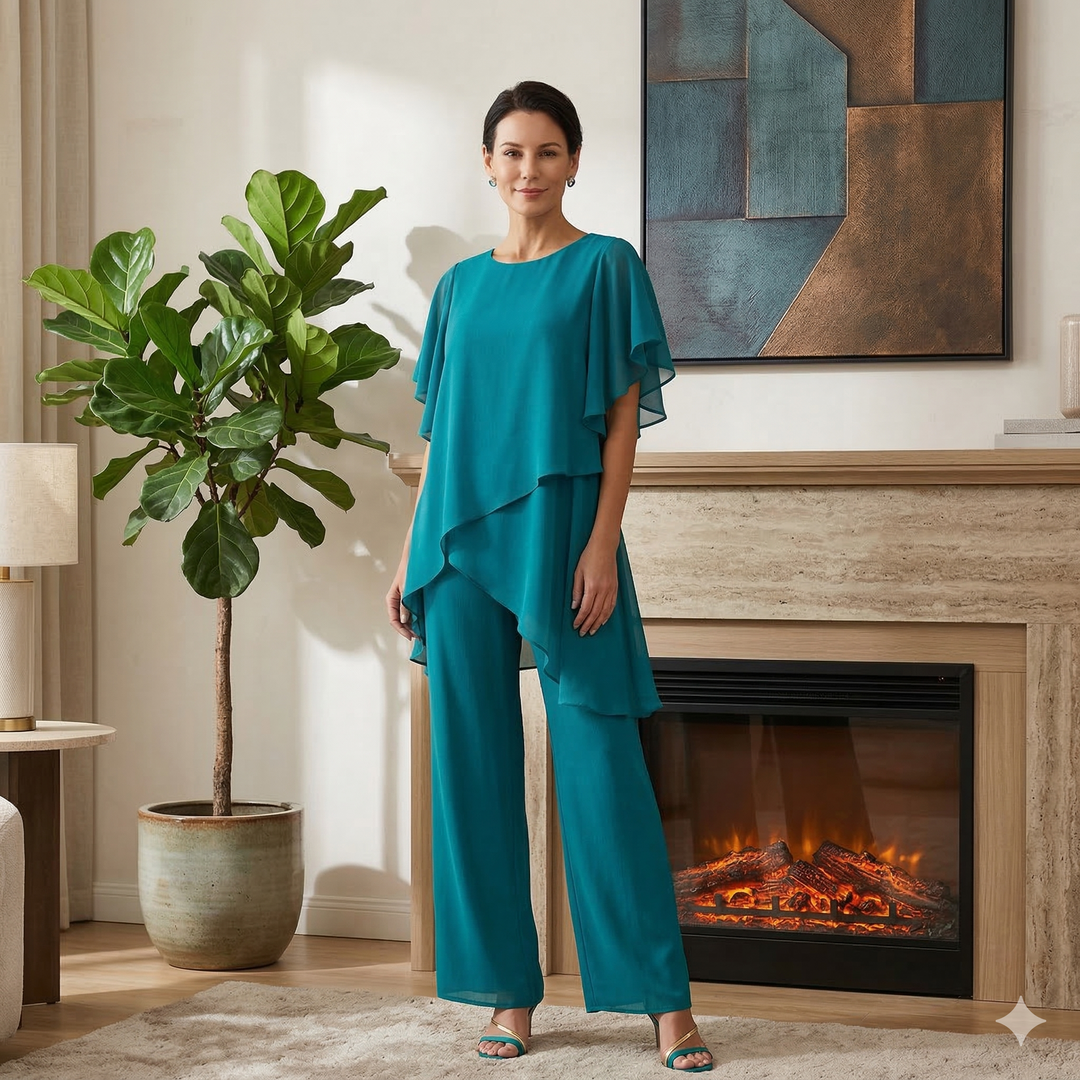 Delphine | Ensemble Pantalon Fluide Femme Haut Asymétrique Cérémonie
