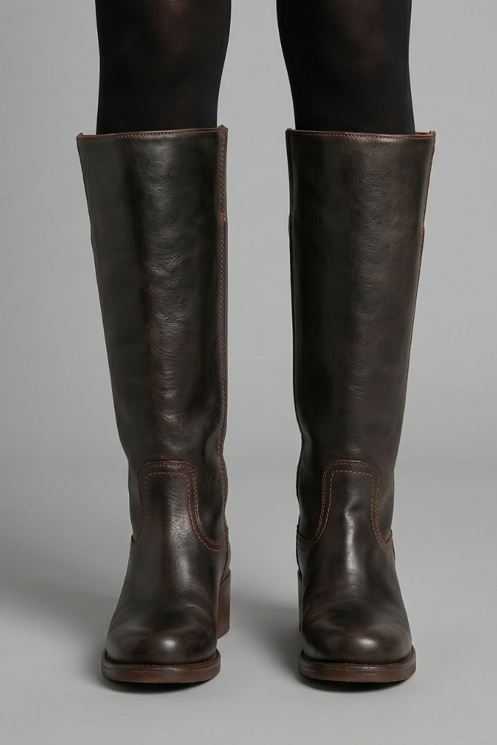 Élise | Bottes Cuir Femme Tige Haute Talon Bloc