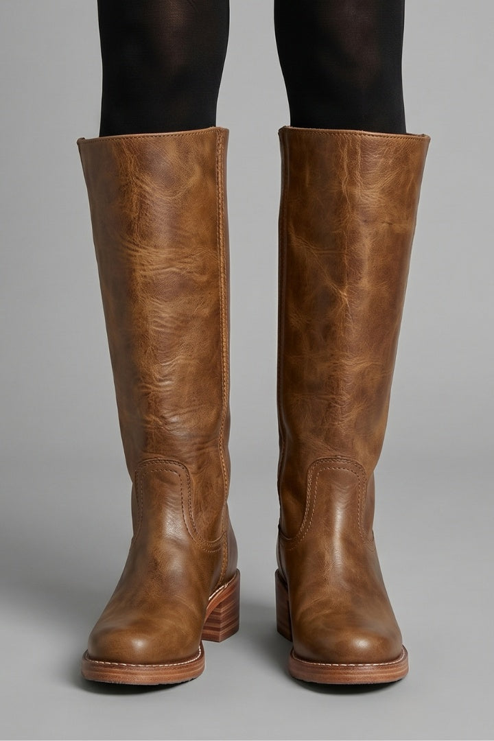 Élise | Bottes Cuir Femme Tige Haute Talon Bloc