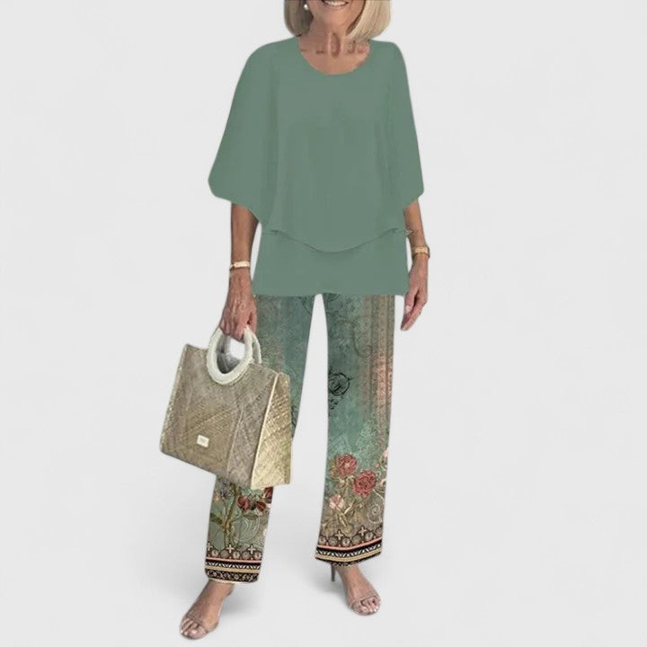 Élodie | Ensemble Pantalon Imprimé Femme Top Manches 3/4