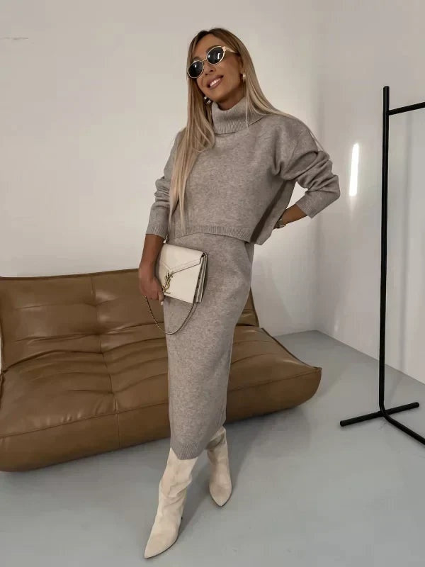 Élodie | Ensemble Pull Col Roulé et Jupe Midi en Maille Femme Hiver