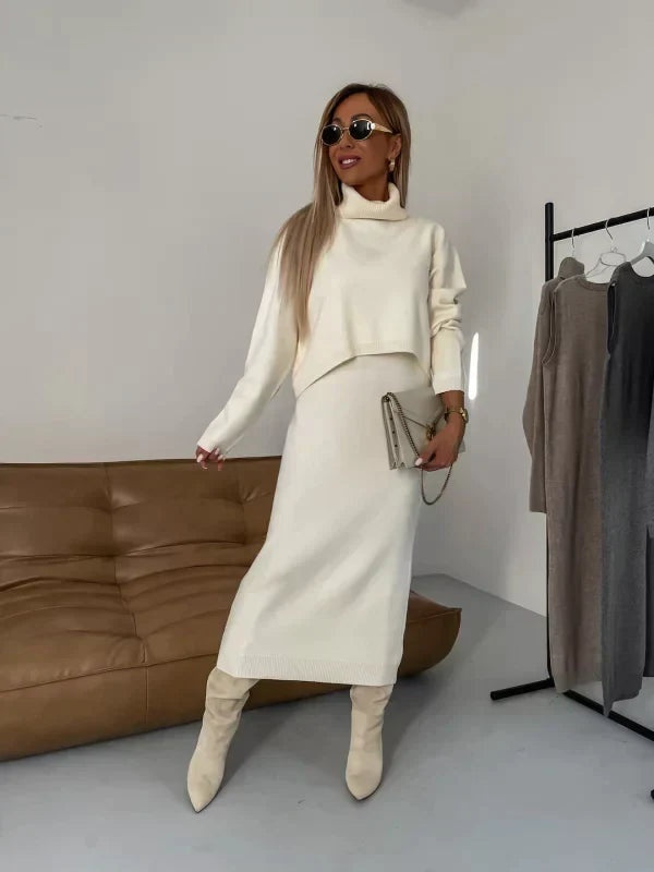 Élodie | Ensemble Pull Col Roulé et Jupe Midi en Maille Femme Hiver