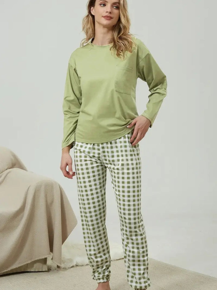 Élodie | Ensemble Pyjama Femme Manches Longues Pantalon à Carreaux