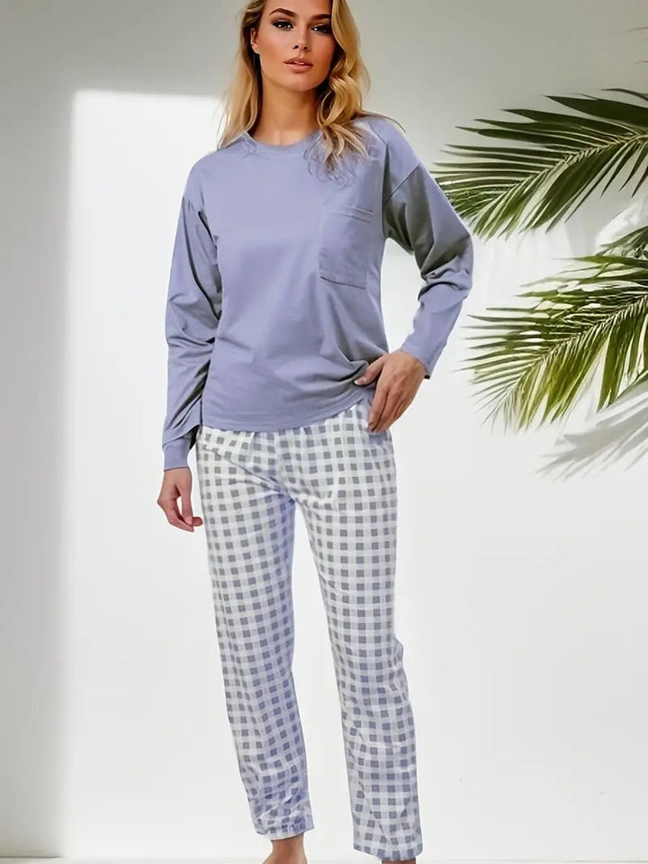 Élodie | Ensemble Pyjama Femme Manches Longues Pantalon à Carreaux