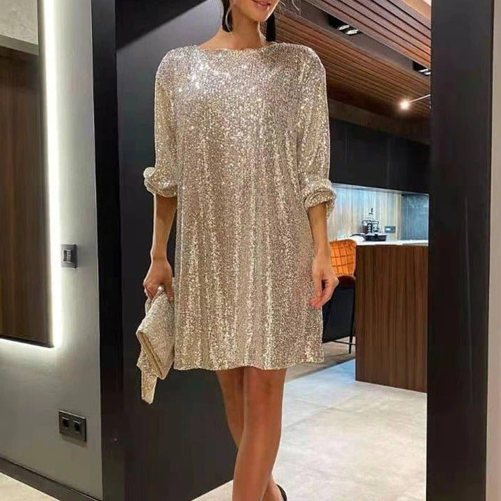 Élodie | Robe à Paillettes de Fête Femme Manches Drapées Ourlet Asymétrique