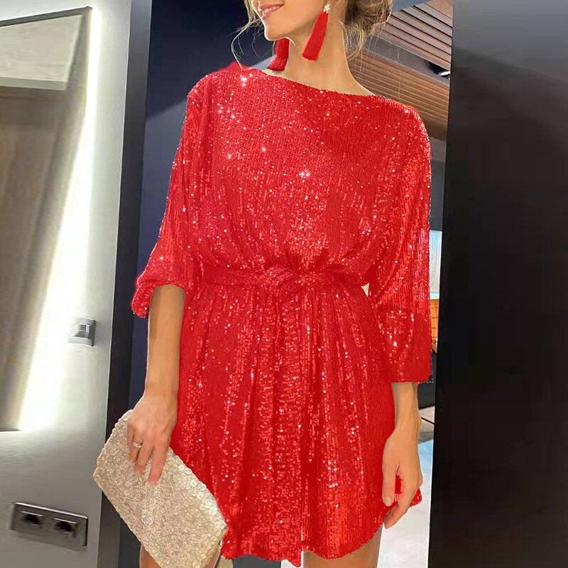 Élodie | Robe à Paillettes de Fête Femme Manches Drapées Ourlet Asymétrique